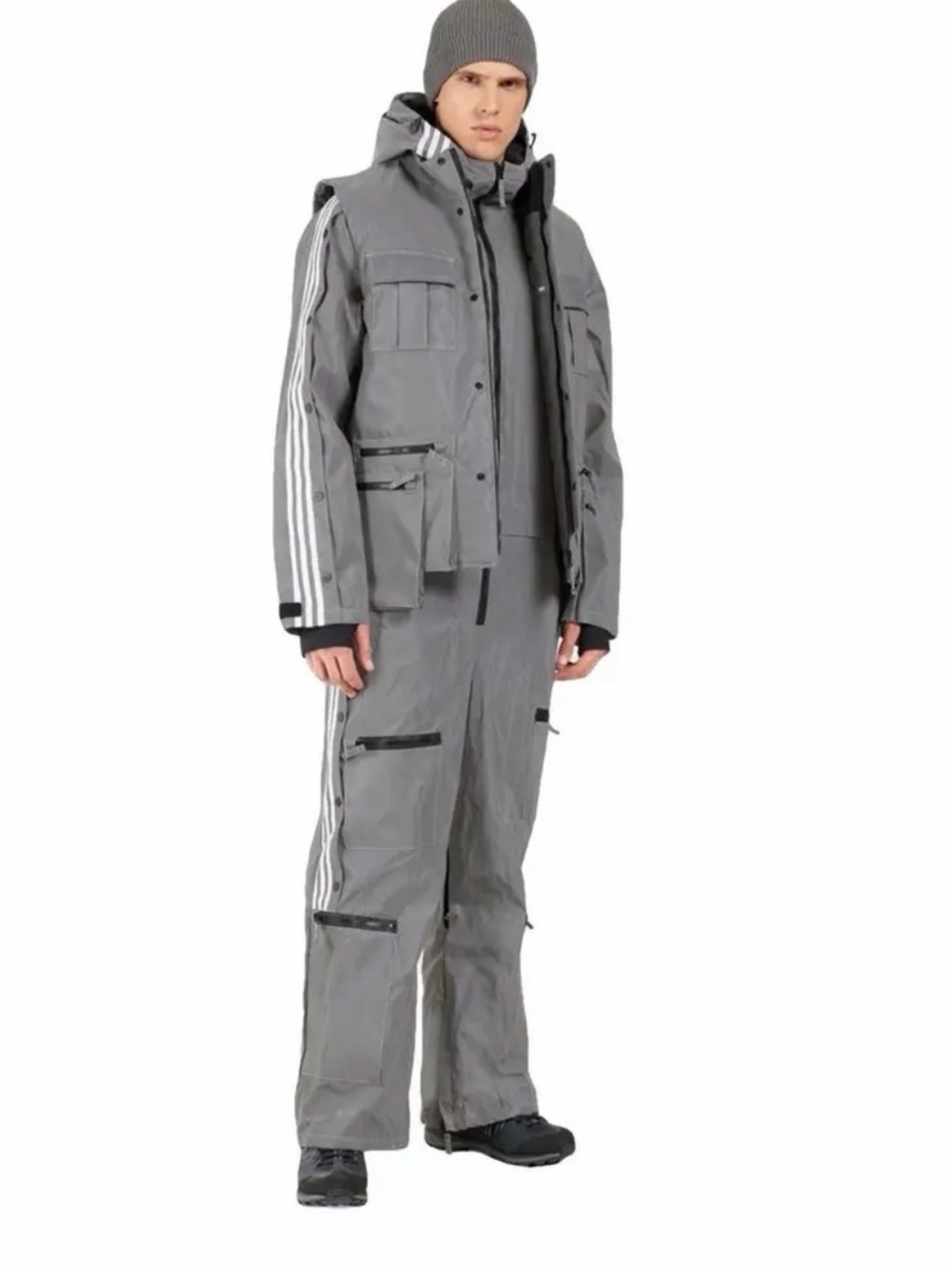 IVY PARK Gray Hooded Utility Jacket with White Stripe Detail